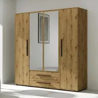 Ravio Modena Kleiderschrank SZ4D2SZ mit Spiegel – großer 4-türiger Schrank mit Einlegeböden, 2 Schubladen und Kleiderstangen, ideal für Schlafzimmer und Flur (Artisan Eiche)