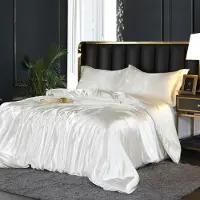 Sonstiges Bettwäsche-Set 200x200 cm Satin Weiß/Beige Glänzend Microfaser mit Reißverschluss, 2 Kissenbezüge 80x80 cm
