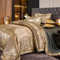Sonstiges Bettwäsche-Set Gold 155x220 cm Satin Jacquard Blumenmuster 2 Kissenbezüge 80x80 cm Mikrofaser
