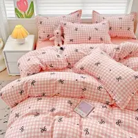 Benza Ibenzoa Bettwäsche-Set 135 x 200 cm + 80 x 80 cm, 100% Mikrofaser 90 g/m² – zartes Rosa mit Rautenmuster, Herzen & schwarzen Schleifen, Reißverschluss, pflegeleicht