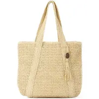 Benza Ibenzoa Gewebte Stroh-Schultertasche für Damen, 42×37×4 cm – Polyesterfutter, Reißverschluss, 26 cm Trägerhöhe, ideal für Sommer & Strand
