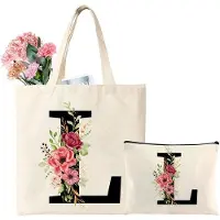 Benza Ibenzoa Personalisierte Canvas-Einkaufstasche & Kosmetiktasche – Baumwolle, ca. 40×40 cm + 22,5×15 cm, Innenfach 15,5×17,5 cm, Blumenmuster, Initialen