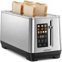 Costway Toaster 4 Scheiben 1600W Edelstahl, Langschlitztoaster mit LED-Display, 6 Bräunungsstufen, Auftau- & Aufwärmfunktion, für 4 Brotsorten Silber