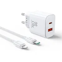 JOYROOM Wandladegerät 20 W USB-C / USB-A Ladegerät Weiß + USB-C – für iPhone 1 m