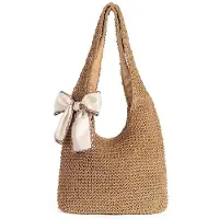 Benza Ibenzoa Geflochtene Strohtasche – handgewebte Sommer-Handtasche mit Reißverschluss, Seidenband & viel Stauraum für Strand und Alltag, natürlicher Look