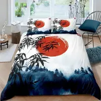 Sonstiges Bettwäsche-Set 220x240 cm 3-teilig 100% Mikrofaser Japanischer Stil 3D Sonne Bambus mit 2 Kissenbezügen 80x80 cm