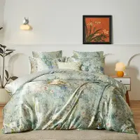 Sonstiges Bettwäsche-Set 135x200 cm 4-teilig Satin Blumen Muster Tintengrün mit Reißverschluss 2x Kissenbezug 80x80 cm
