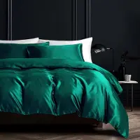 Sonstiges Bettwäsche-Set 135x200cm 4-teilig Dunkelgrün Satin Polyester Glatt Glänzend mit Reißverschluss
