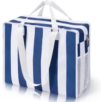 Benza Ibenzoa XXL Strandtasche, wasser- und reißfest – blau-weiß gestreift, 48×21×38 cm, Platz für 5–6 Handtücher, 10 kg Tragkraft, Reißverschluss & 2 Innenfächer