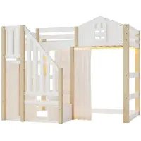 StarTech.com Kinderhochbett 90 x 200 cm - LED-Beleuchtung - Gaze - Fensterdesign - Offenes Ablagefach - Ohne Matratze - Weiß/Natur