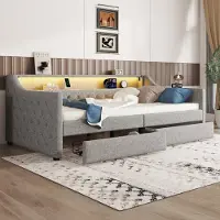 ALFORIGO Tagesbett 90x200 cm, Leinen/MDF, mit 2 Schubladen, Sofabett mit Ambientebeleuchtung als Bettsofa mit integriertem Aufbewahrungsbereich, Grau