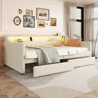 ALFORIGO Daybett 90 x 200 cm mit LED-Ambientelicht, USB-Ladebuchse und 2 Schubladen, Schlafsofa mit Lattenrost, Leinen & MDF, Beige