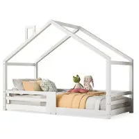 OEM Grenenhouten Huisvormig Pueterbett mit Schornstein - 209 x 96 x 142.5 cm - Weiß - Lattenrost, Sicherheitsgitter, ohne Matratze - für Kinderzimmer - Naturholz