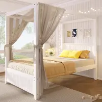 STILVORA Himmelbett 90x200 cm mit dekorativem Dachrahmen, Holzbett mit vertikalen Lamellen am Kopf- und Fußteil, Kinderbett mit Dachdesign, Weiß