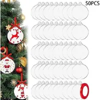 Unyqoos Transparente Acryl‑Weihnachtsanhänger – 50 runde Blanko‑Scheiben Ø 7,6 cm mit rotem Band, durchsichtige DIY Christbaumschmuck