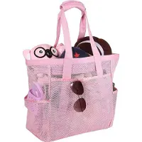 Unyqoos Extra große faltbare Mesh-Strandtasche aus Nylon‑Netz, 56×38×19 cm, rosa, 7 Außenfächer, wasserdichte Innentasche mit Reißverschluss, Shopper für Familie & Reisen