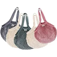 Unyqoos 5er-Set wiederverwendbare Netz-Einkaufstaschen – 100% Baumwolle, Gr. L (35 x 60 cm), bis 18 kg, lange Henkel, beige, für Obst & Gemüse