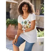 Sheego T-Shirt "Shirt", Damen, Gr. 40/42, bunt (ecru, ozean, bedruckt), 50% Baumwolle, 50% Modal, bedruckt, geblümt, gemustert, mehrfarbig, Rundhals, Shirts T-Shirt