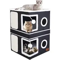 Sonstiges Faltbares Katzenhaus 2-stöckig mit Kratzbrett und Spielball Dunkelgrau 41x41x63 cm