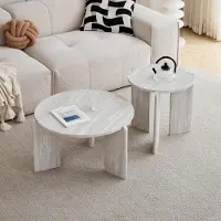 Sonstiges Couchtisch Set 2er Travertin-Imitation Weiß Dreibeinig Ø 70/50 cm