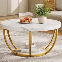 Tribesigns Runder Couchtisch 2-stöckig Weiß Marmor Optik Goldene Metallbeine