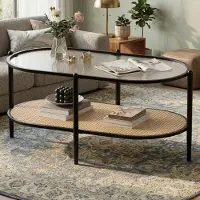 Sonstiges Couchtisch oval Glas & Rattan 2 Ebenen Metallgestell Schwarz