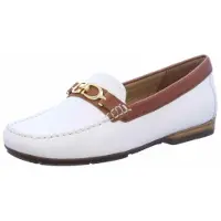 Wirth Damen Leder Slipper, weiß mit braunen Akzenten, flacher Absatz, flexible Gummilaufsohle