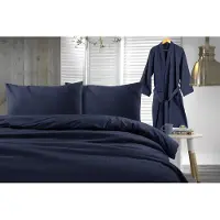 Padiro Bettwäsche-Set 3-teilig für 2 Personen - 200 x 240 cm + 60 x 70 cm - Extragroß XXL - Baumwolle - Blau - Uni-Design mit Waffelstruktur