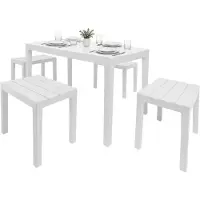 Dmora Outdoor-Lounge-Set Dmascar, Gartenset mit 1 rechteckigem Tisch und 4 Bänken, Indoor- und Outdoor-Set für Pic Nic, 100 % Italy, Weiß