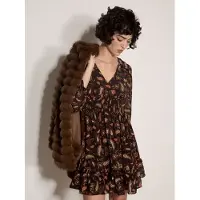 Apricot Minikleid "Chiffonkleid", Damen, Gr. XL (42), N-Gr, gewebt, braun (schwarz), gewebt, , Modisch, figurumspielend, V-Ausschnitt, Gerade, Kleider Minikleid, mit Rüschen