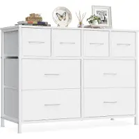 Songmics Kommode mit 8 Stoffschubladen, Aufbewahrungsschrank mit Metallrahmen, 98,7 x 30 x 74,7 cm, Weiß
