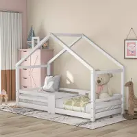 Sonstiges Kinderbett Hausbett mit Schornstein Rausfallschutz Kiefernholz 90x200cm Weiß ohne Matratze
