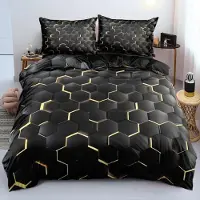Sonstiges Bettwäsche-Set 4-teilig 135x200cm Schwarz Gold Waben Gitter Geometrie Mikrofaser mit Reißverschluss