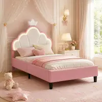 Sonstiges Kinderbett 90x200 Mädchen Bett mit LED Kronen-Design verstellbarem Kopfteil Polsterbett Lattenrost Prinzessinnenbett Rosa Samt