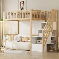 Sonstiges Hochbett 90x200 cm Kinder Jugendbett mit Lattenrost und Stauraumtreppe Kiefernholz Weiß+Natur 180 cm