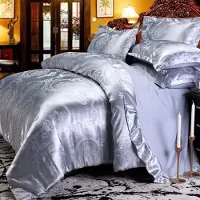 Sonstiges Bettwäsche-Set 135x200 cm 4-teilig Silber Grau Blumenmuster Satin Jacquard