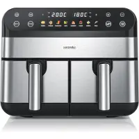 Arendo Heißluftfritteuse XXL 9 l Doppelkammer Airfryer, 2400 W, Dual Zone mit 2 Frittierkörben, 3in1 Backofen und Dörrautomat, 8 Programme, Timer, schwarz-edelstahlfarben