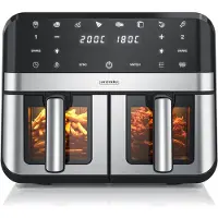 Arendo Heißluftfritteuse XXL 9 l Doppelkammer Airfryer, 2400 W, Dual Zone mit 2 Frittierkörben, Sichtfenster mit Innenbeleuchtung, 8 Programme, Timer, schwarz-edelstahlfarben
