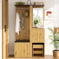 OKWISH Eingangsschrank mit APP-LED-Beleuchtung,Multifunktionaler Garderobenschrank mit Gepolsterter Hocker, Spiegel,Flurschrank in Natur