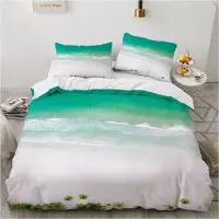 Sonstiges Bettwäsche-Set 3-teilig 220x240 cm Weiß Grün Mikrofaser 3D Strand Motiv mit Reißverschluss