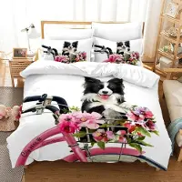 Sonstiges Bettwäsche-Set 155x220cm 3-teilig mit 2 Kissenbezügen 80x80cm Border Collie 3D Druck Mikrofaser mit Reißverschluss