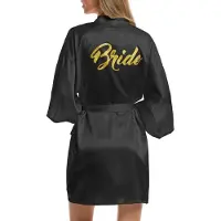 OEM Satijnen Bruidskamerjas Kimono Badjas für Braut & Brautjungfrauen V-Hals Damenjacke mit Riemen (M, Schwarz)