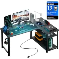 COMHOMA Eckschreibtisch L-Form 120x80cm Gaming Tisch Steckdose USB Regal Schwarz