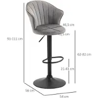 OEM Drehbare Barhocker – Küchenhocker – Bistrohocker – Hocker – Drehbar – Verstellbarer Höhe – Samtbezug – Mit Rückenlehne – Grau – 54x56x91-111 cm