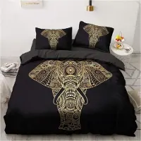 Sonstiges Bettwäsche-Set 200x220cm Schwarz Gold Elefant Indisch Bohemien Mikrofaser 2 Kissenbezüge 80x80cm