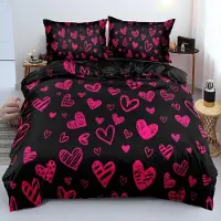 Sonstiges Bettwäsche-Set 4teilig Mädchen Schwarz Rosa Herzen 135x200 cm 2x + 80x80 cm 2x Mikrofaser Kuschelig Reißverschluss