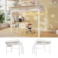 ALFORIGO Hochbett 140 x 200 cm aus Metall mit Staufächern, offener Unterbettfläche und links oder rechts montierbarer Treppe, Weiß