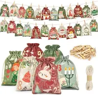 Tina Adventskalender zum Befüllen Stoff Groß, 24 Säckchen mehrfarbig, mit Holzklammern und Seil, 2026