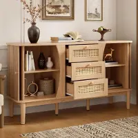 STILVORA Sideboard Rattankommode mit Schiebetüren, verstellbaren Einlegeböden und abgerundeter Platte,Kommode aus Holz mit Schubladen,Natur