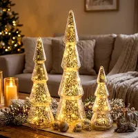 Spetebo LED Glas Tannenbaum 3er Set silber batteriebetrieben mit Timer - 29 / 23 / 15 cm - Weihnachtsbaum warm weiß beleuchtet 3 Größen mit Bruchglas Optik